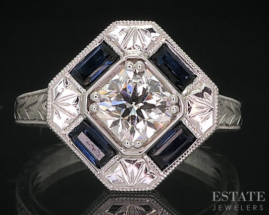 Art Deco 14k White Gold Natural .73ct Diamond & Sapphire Halo Ring 4.5g i14938