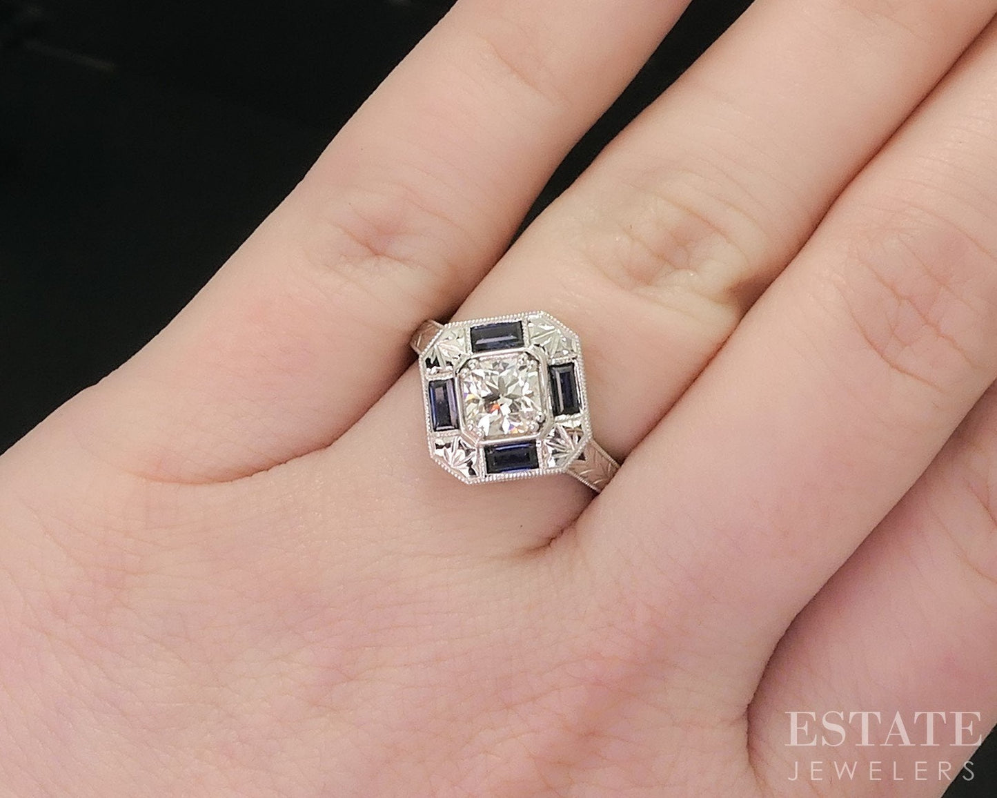 Art Deco 14k White Gold Natural .73ct Diamond & Sapphire Halo Ring 4.5g i14938