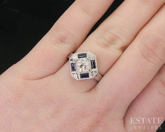 Art Deco 14k White Gold Natural .73ct Diamond & Sapphire Halo Ring 4.5g i14938