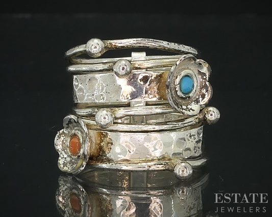 Vintage Sterling Turquoise & Coral Southwestern Stacked Band Ring 9.6g i18169