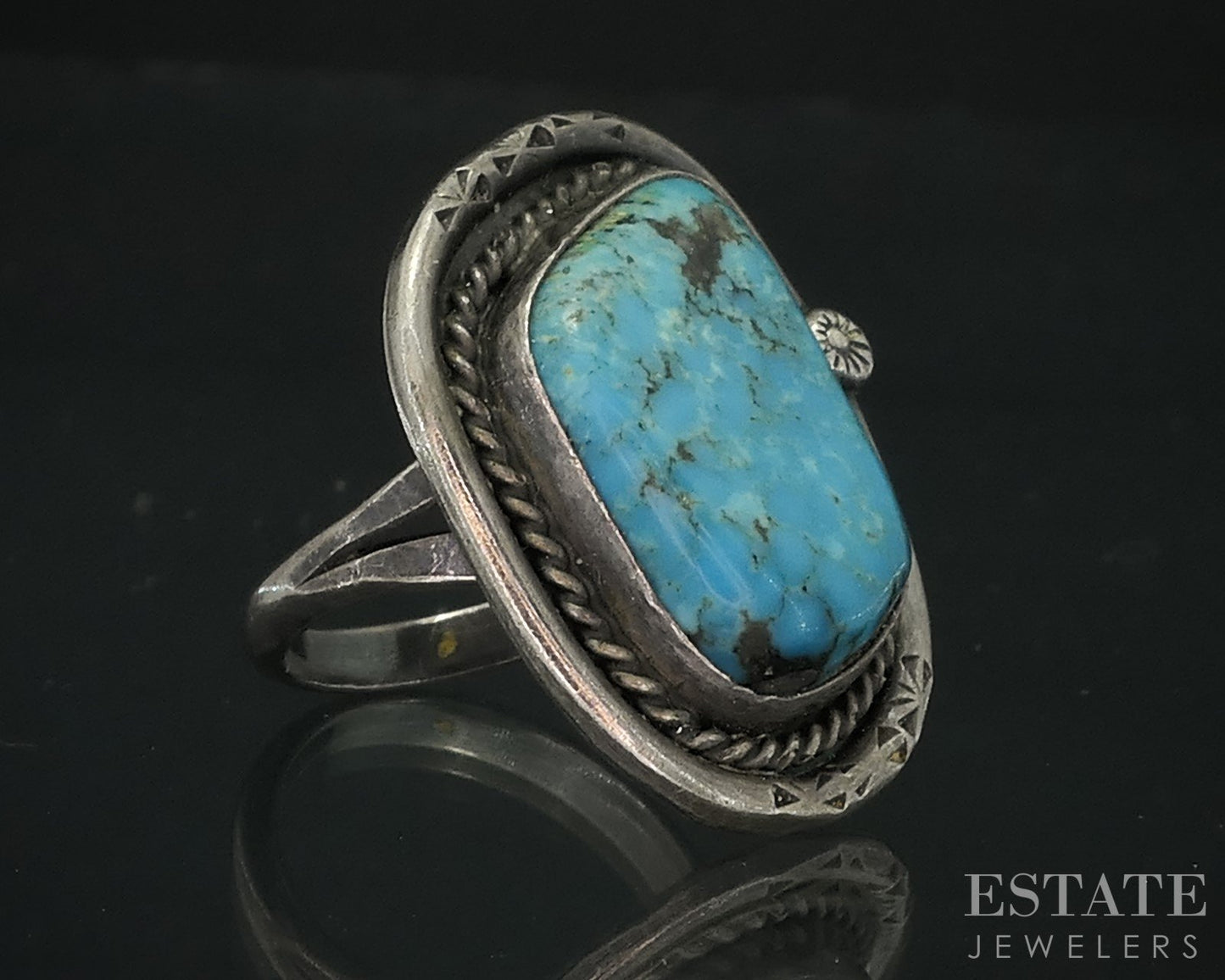 Vintage Sterling Prince Trading Co. Natural Turquoise Navajo Ring 8.9g i18167