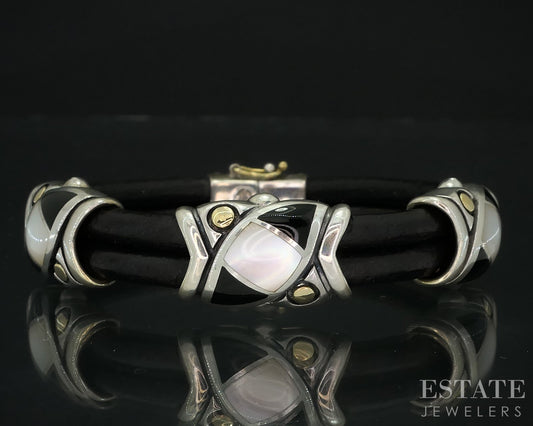18K & Sterling Eric Grossbardt Onyx MOP Inlay Leather Bracelet 26.4g i18159
