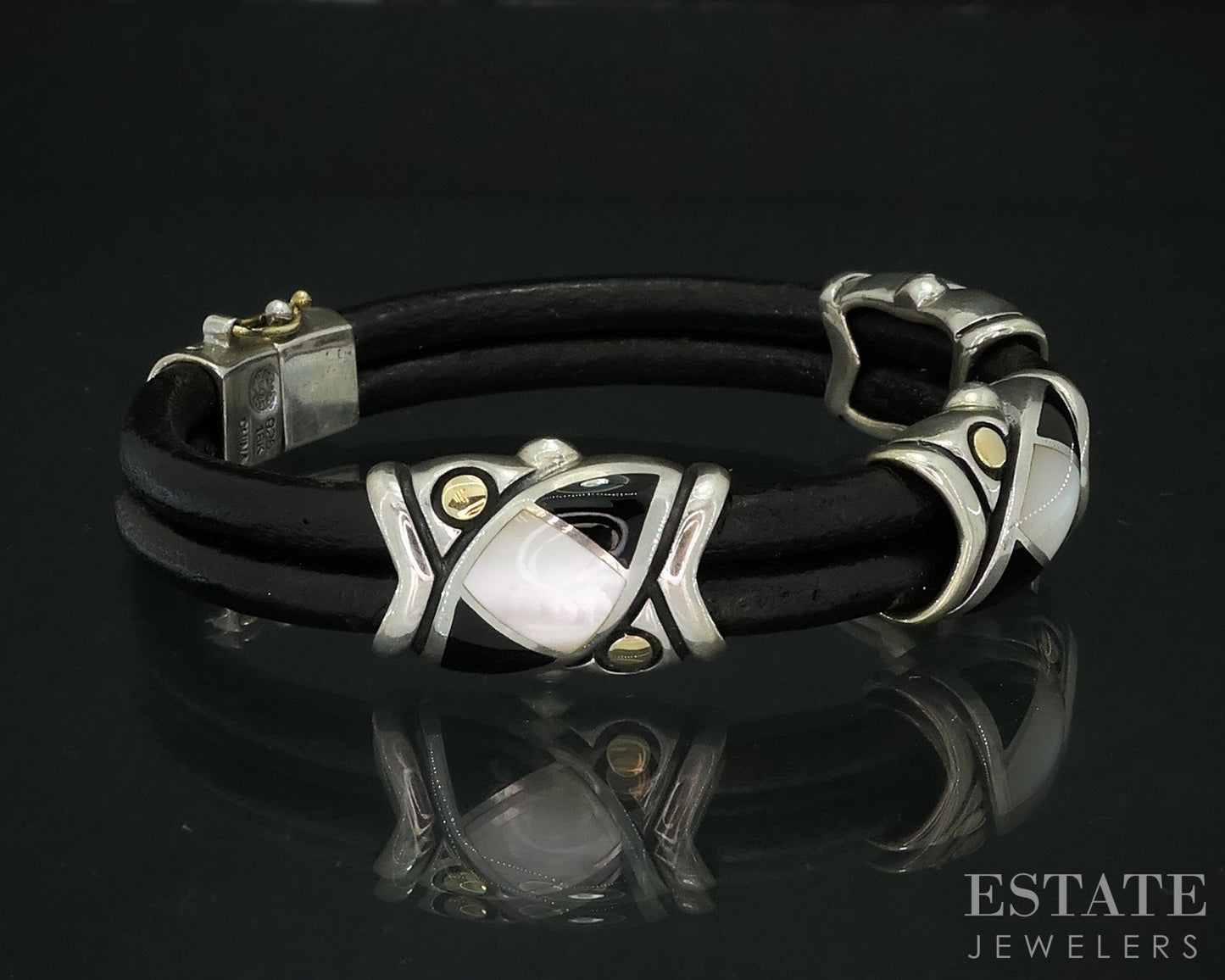 18K & Sterling Eric Grossbardt Onyx MOP Inlay Leather Bracelet 26.4g i18159