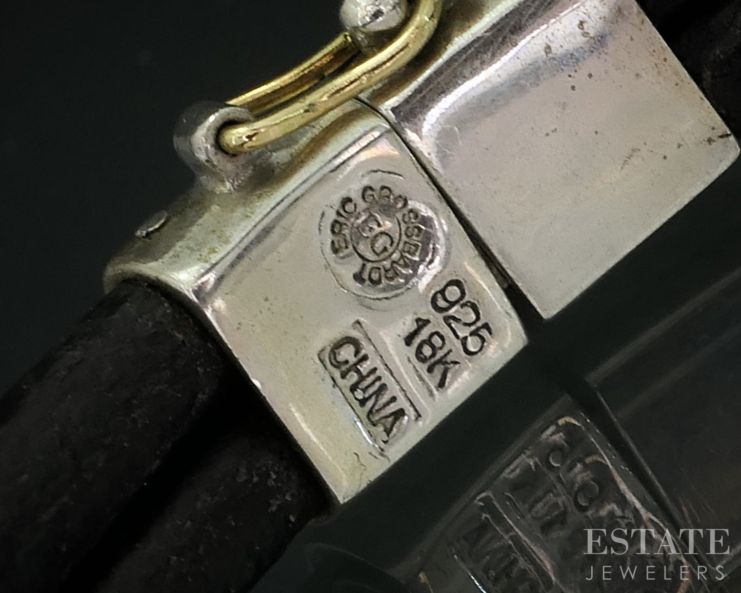 18K & Sterling Eric Grossbardt Onyx MOP Inlay Leather Bracelet 26.4g i18159