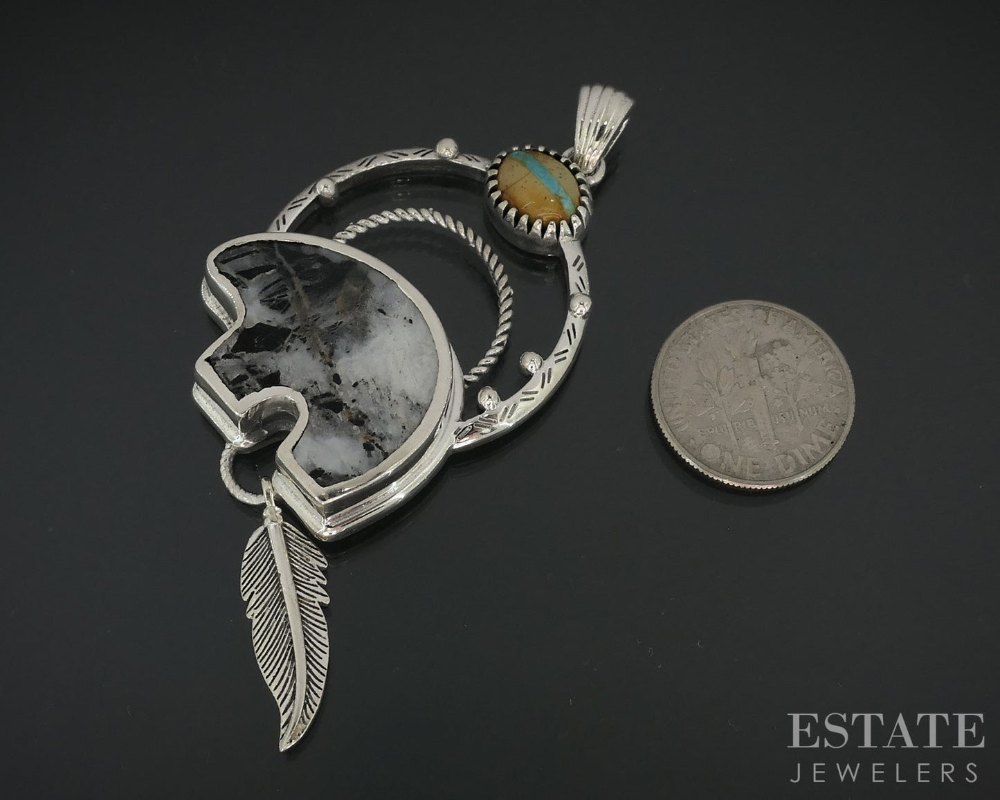 Sterling White Buffalo Turquoise & Turquoise Bear D'Joy Pendant 16g i18156