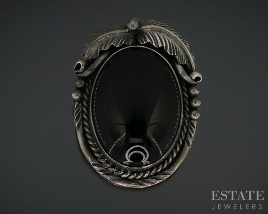 Vintage Sterling Marvin Slim Natural Black Onyx Navajo Pin Brooch 18.5g i18150