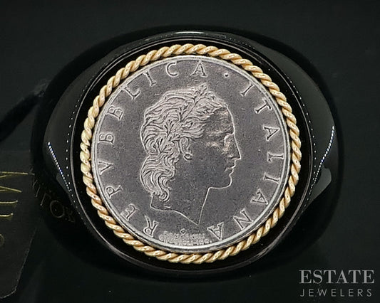 14k Yellow Gold Black Onyx Italiana Repvbblica Lira Coin Ring 16.4g i18148