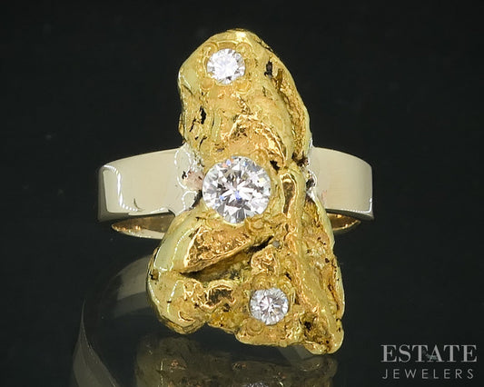 Vintage 22k Yellow Gold Natural Diamond Genuine Nugget Ladies Ring 7g i18114