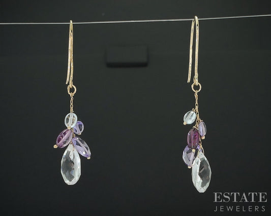 10k Yellow Gold Natural Multi Colored Quartz Dangle Ladies Earrings 2.3g i18112