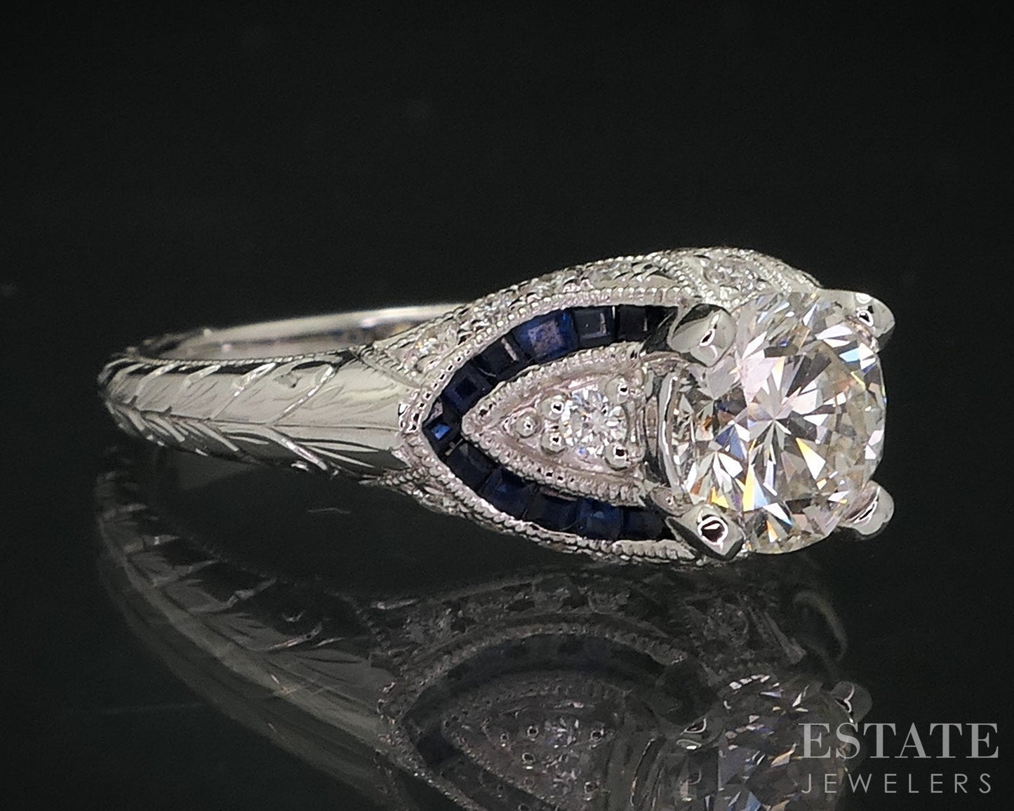 Art Deco 14k White Gold GIA Natural 1.01ct Diamond & Sapphire Ring 3.8g i14939