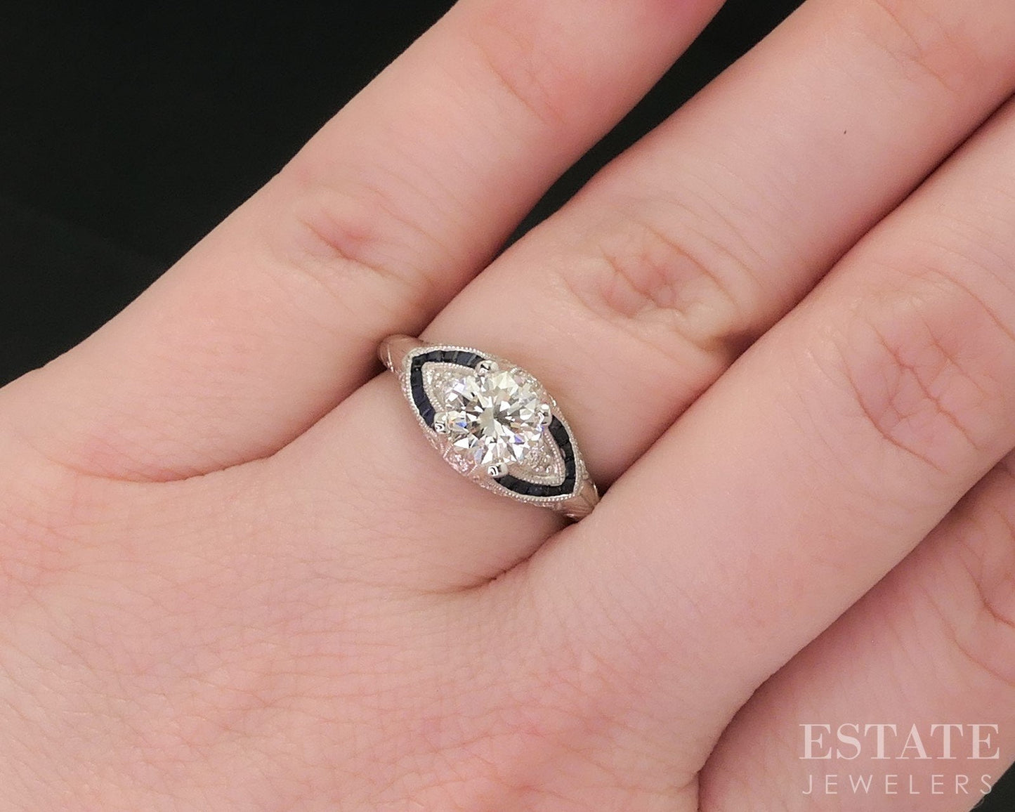 Art Deco 14k White Gold GIA Natural 1.01ct Diamond & Sapphire Ring 3.8g i14939