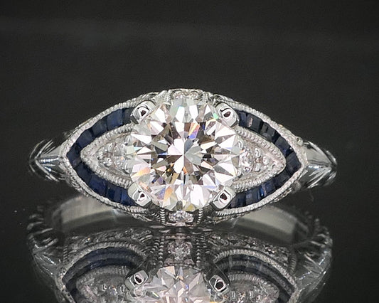Art Deco 14k White Gold GIA Natural 1.01ct Diamond & Sapphire Ring 3.8g i14939