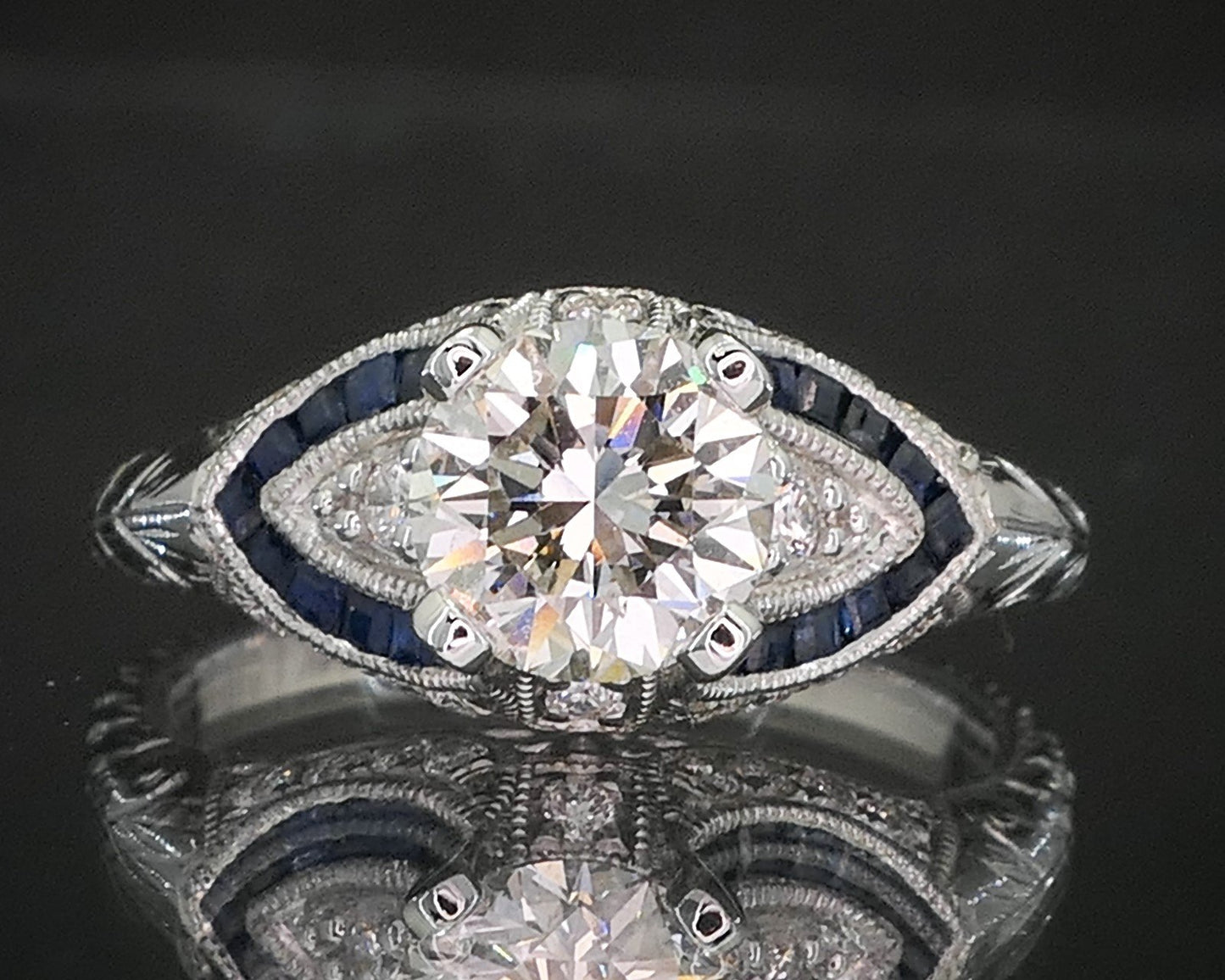Art Deco 14k White Gold GIA Natural 1.01ct Diamond & Sapphire Ring 3.8g i14939