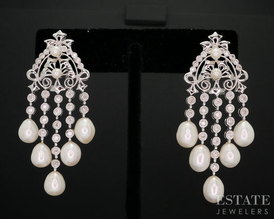 18k White Gold Cultured Pearl & 1ctw Diamond Chandelier Earrings 18.9g i18144