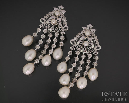 18k White Gold Cultured Pearl & 1ctw Diamond Chandelier Earrings 18.9g i18144