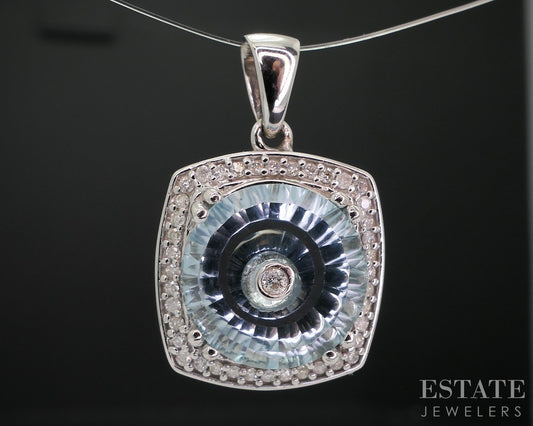 10k White Gold Torus Natural Blue Topaz & Diamond Glenn Lehrer Pendant 3g i18145