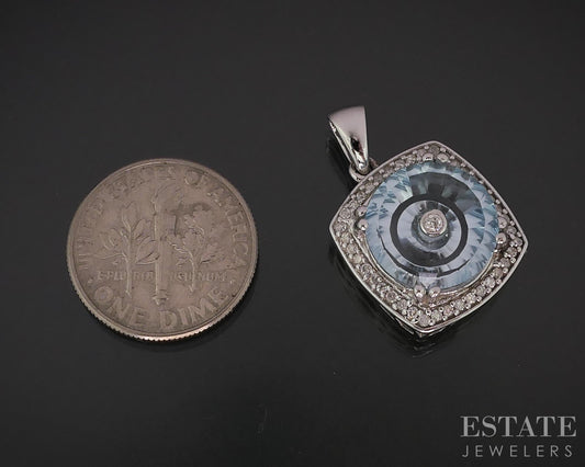 10k White Gold Torus Natural Blue Topaz & Diamond Glenn Lehrer Pendant 3g i18145