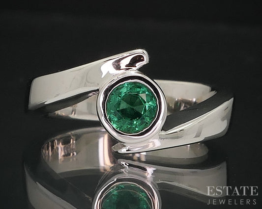 14k White Gold Round Natural Emerald Bypass Ladies Band Ring 9.2g i18139