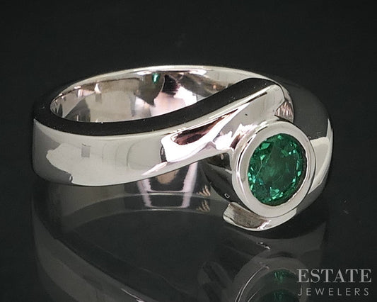 14k White Gold Round Natural Emerald Bypass Ladies Band Ring 9.2g i18139