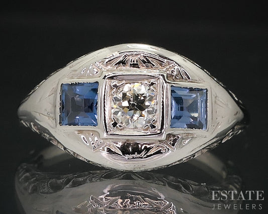 Antique Art Deco 18k White Gold Diamond & Sapphire Filigree Ring 3g i18141