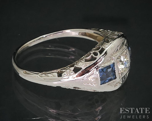 Antique Art Deco 18k White Gold Diamond & Sapphire Filigree Ring 3g i18141