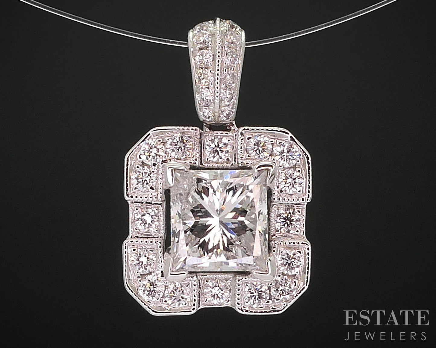 14k White Gold Princess Natural 1.04ct Diamond Halo Ladies Pendant 2g i14788