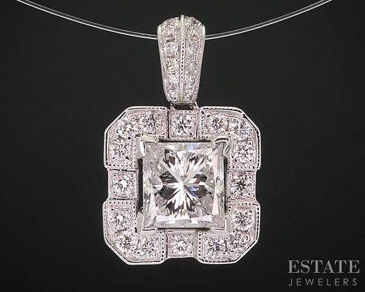 14k White Gold Princess Natural 1.04ct Diamond Halo Ladies Pendant 2g i14788