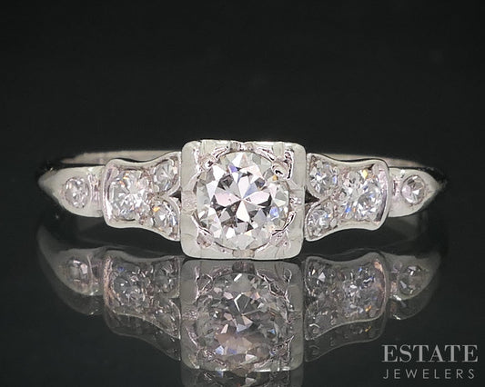 Antique Deco Platinum Round Natural .33ctw Diamond Engagement Ring 2.9g i18137