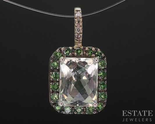 14k White Gold EFFY Green Amethyst Tsavorite & Diamond Pendant 2.3g i14016