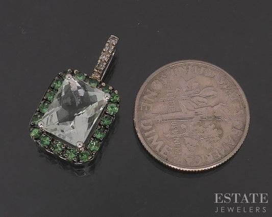 14k White Gold EFFY Green Amethyst Tsavorite & Diamond Pendant 2.3g i14016