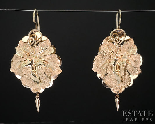 Antique Victorian 10k Yellow Gold Leafy Dangle Ladies Earrings 4.2g i18235