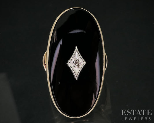 Vintage 10k Yellow Gold Natural Black Onyx & Diamond Shield Ring 7.9g i18199