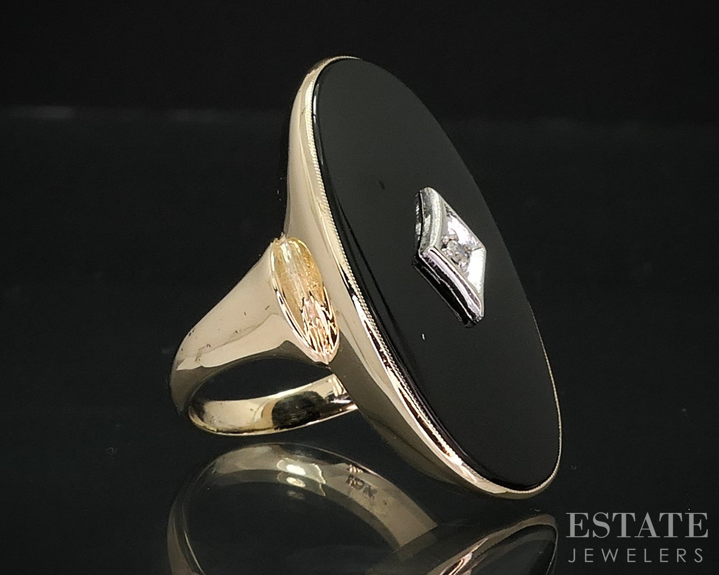 Vintage 10k Yellow Gold Natural Black Onyx & Diamond Shield Ring 7.9g i18199
