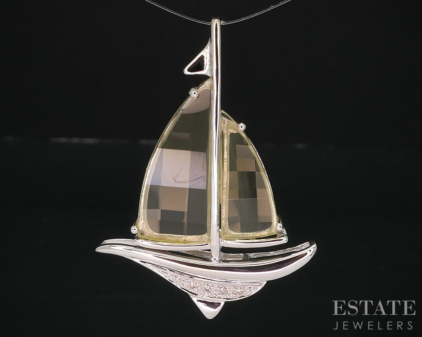 14k White Gold Natural Lemon Citrine & Diamond Sailboat Pendant 6.8g i18201