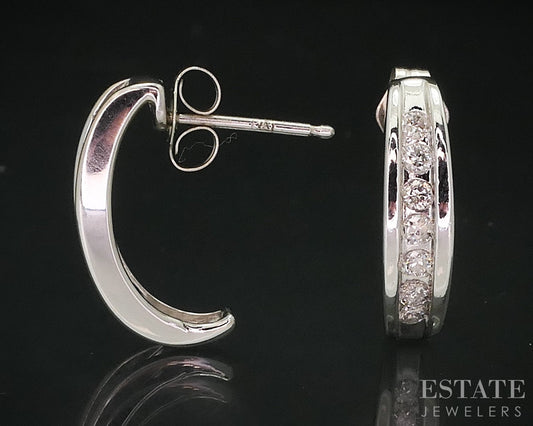 14k White Gold Round Natural .20ctw Diamond J Hoop Earrings 2.3g i18227b