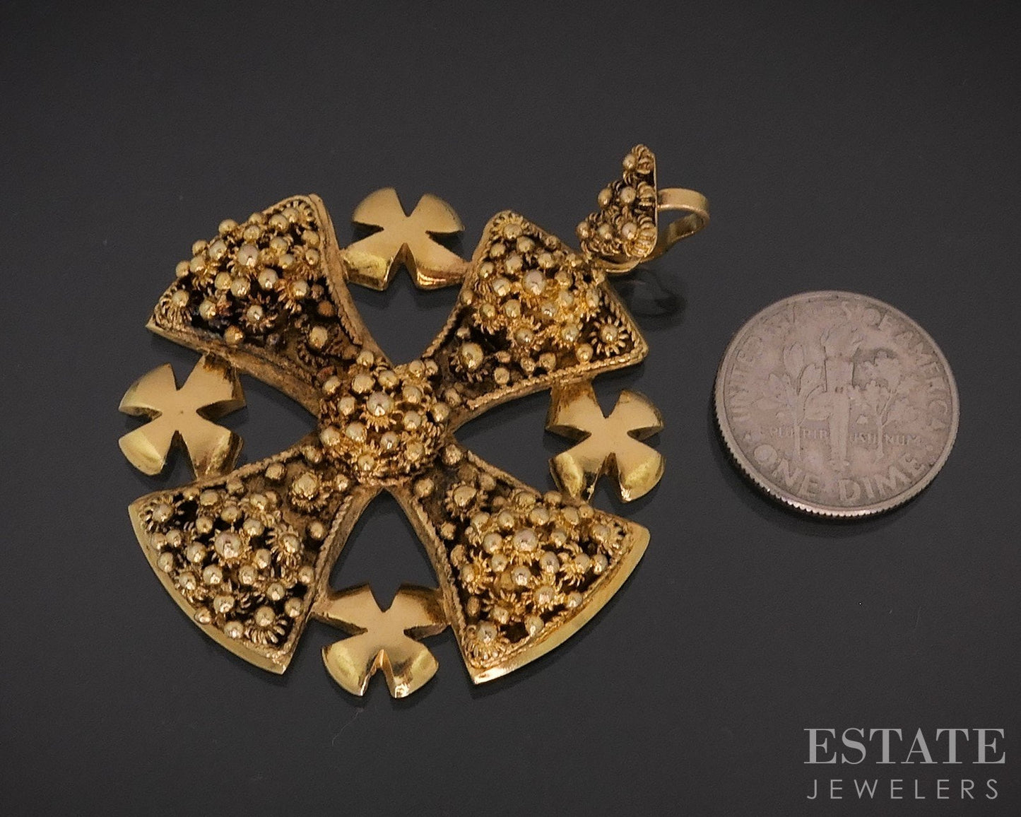 Antique 14k Yellow Gold Handmade Jerusalem Cross Castellani Pendant 21g i18301