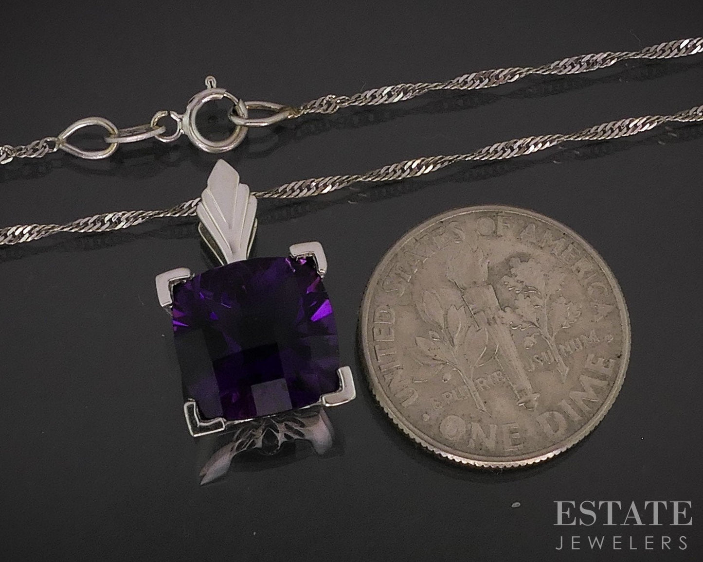 14k White Gold EFFY Cushion Natural Amethyst Ladies Necklace 3.6g 18"L i18297