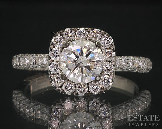 14k White Gold Round Natural 1.03ctw Diamond Halo Engagement Ring 3.5g i18289