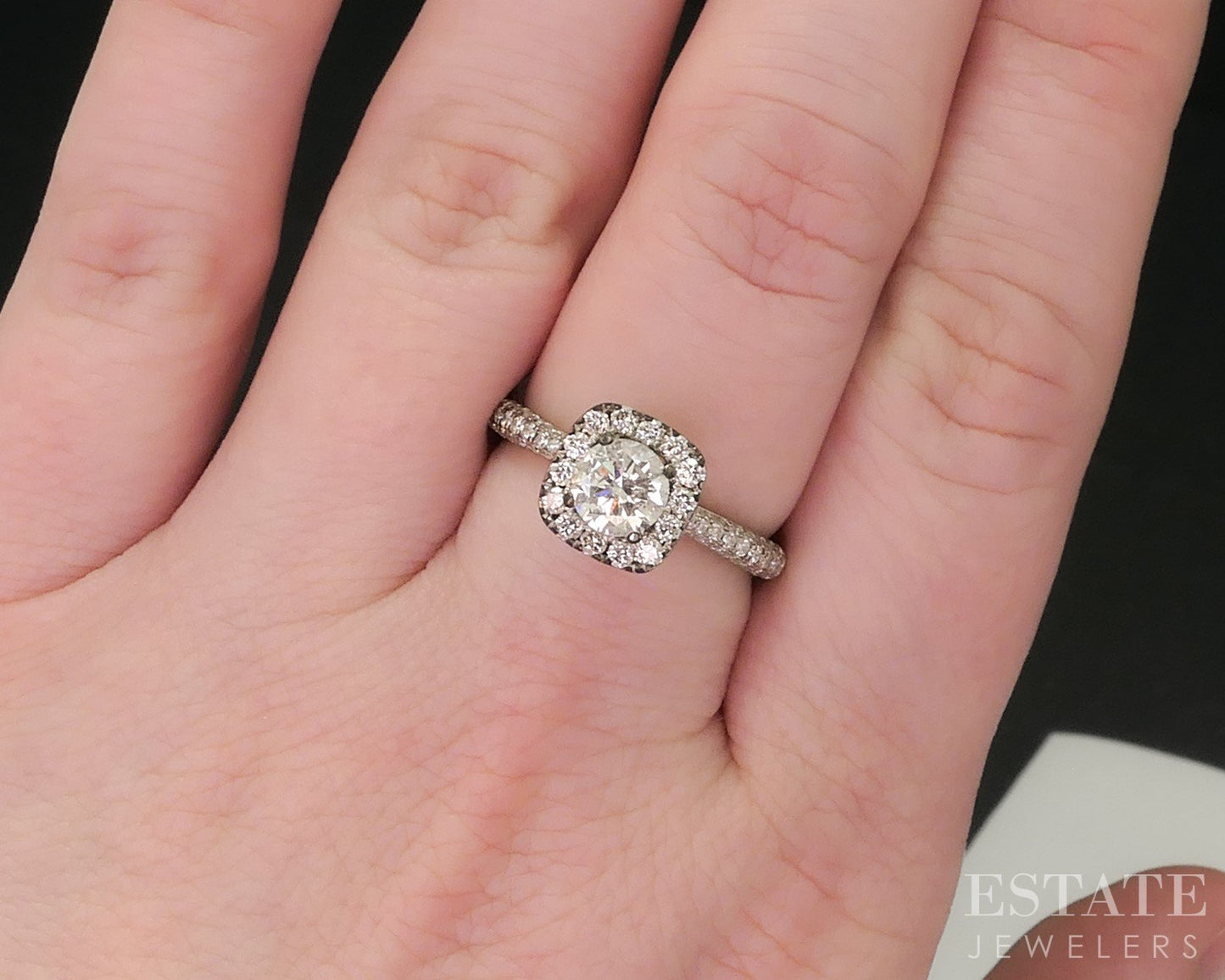 14k White Gold Round Natural 1.03ctw Diamond Halo Engagement Ring 3.5g i18289