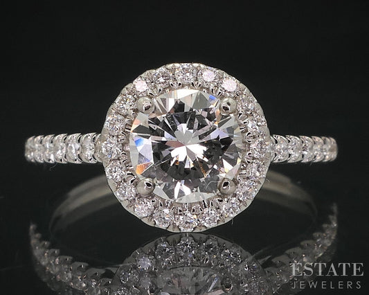18k White Gold Round Natural 1.01ctw Diamond Halo Engagement Ring 2.6g i18291