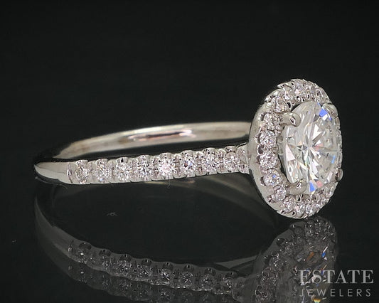 18k White Gold Round Natural 1.01ctw Diamond Halo Engagement Ring 2.6g i18291