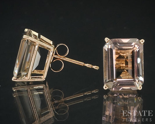14k Yellow Gold Emerald Cut Natural Smoky Quartz Stud Earrings 1.8g i18334b
