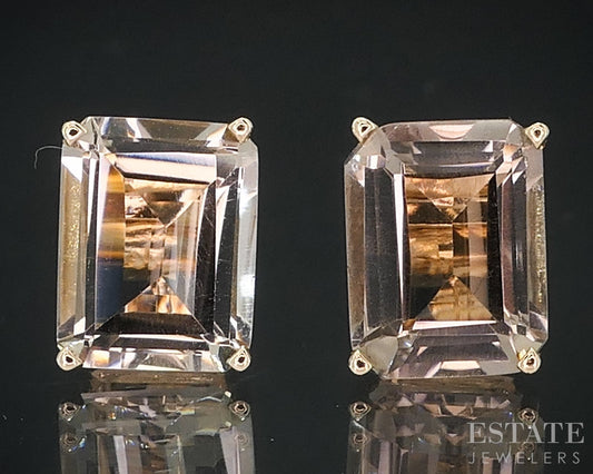 14k Yellow Gold Emerald Cut Natural Smoky Quartz Stud Earrings 1.8g i18334b