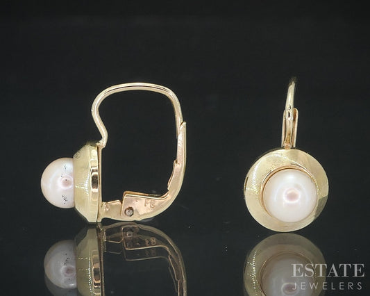 14k Yellow Gold 4.8mm Cultured Pearl Lever Back Dangle Earrings 1.8g i18330b