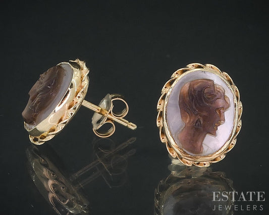 14k Yellow Gold Mother of Pearl Cameo Ladies Stud Earrings 1.6g i18339b