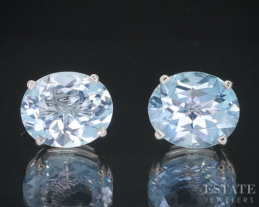 14k White Gold Oval Natural 10ctw Blue Topaz Stud Earrings 4.3g i18346b