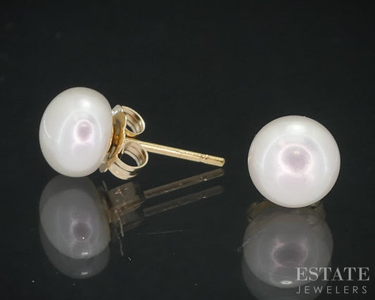 14k Yellow Gold 6.1mm Cultured Pearl Stud Ladies Earrings i18355b