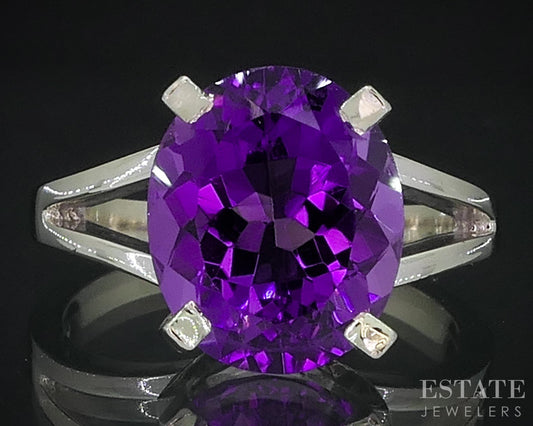 14k White Gold Oval Natural Amethyst Solitaire Ladies Ring 4.5g i18344b