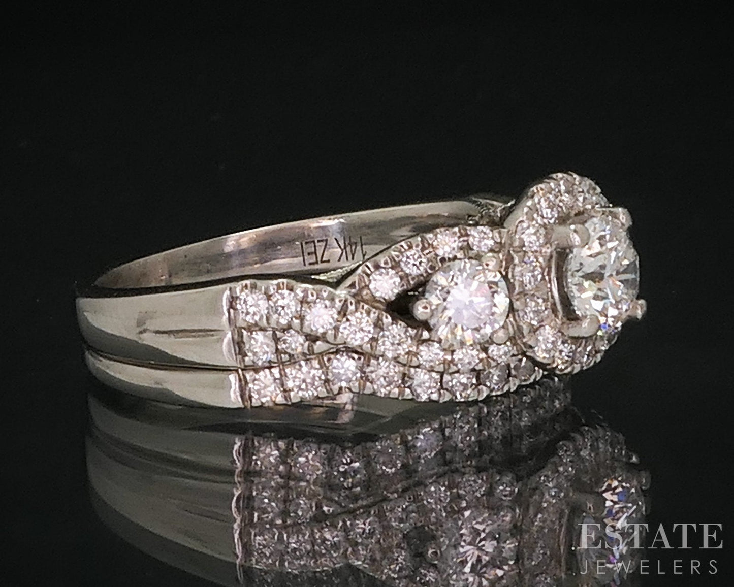 14k White Gold Tolkowsky Natural 1.46ctw Diamond Halo Wedding Set 7.6g i18409