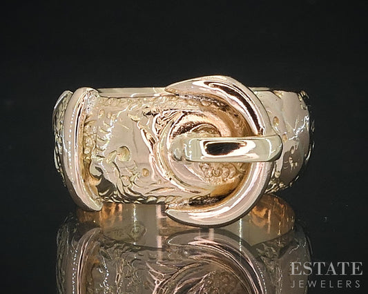 Antique Edwardian 9k Yellow Gold Engraved Buckle Ladies Band 6.3g i18408